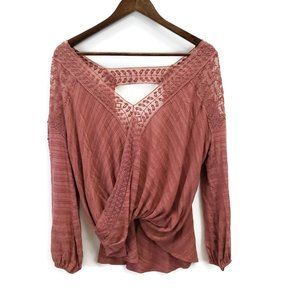 Free People Valley City Faux Wrap Top Size S Pink Rayon Blend Long Sleeve Boho